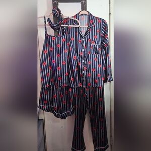 Striped Navy and Red Lip Print Women's 6 Piece Pajama Set.